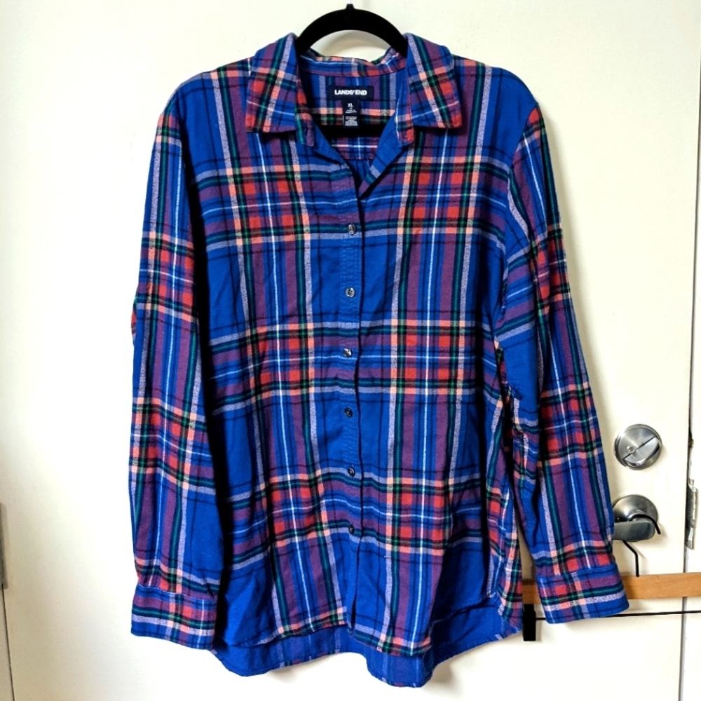 Lands End Blue Purple Plaid Flannel XL
